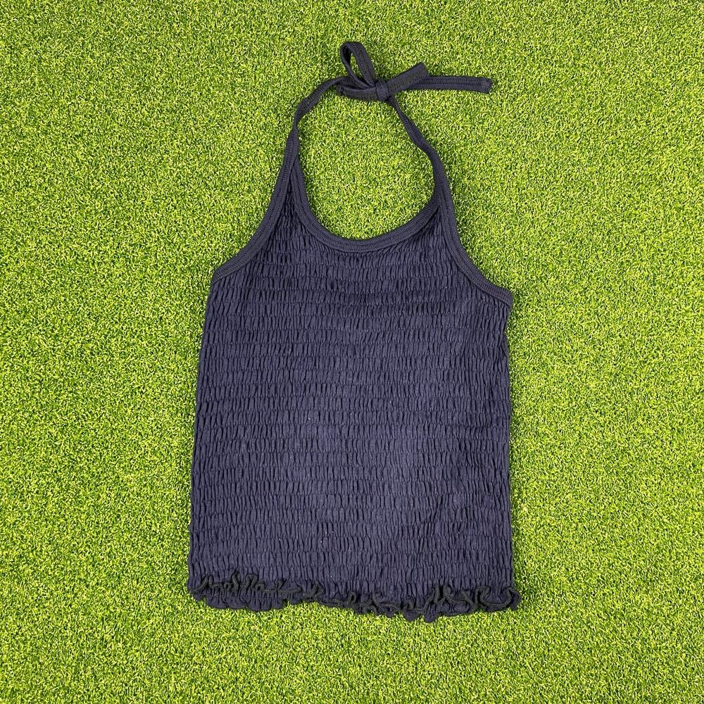 Vintage Simply Basic Navy Ruffle Hem Cami Tie Halter Top Sz 10/12